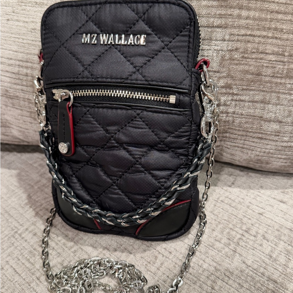 MZ WALLACE Black, Quilted Micro Crosby Crossbody Phone Bag with Silver Chain - Picture 2 of 16